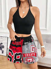 Knitted Women's Solid Color Halter Neck Tank Top And Letter Print Shorts Set